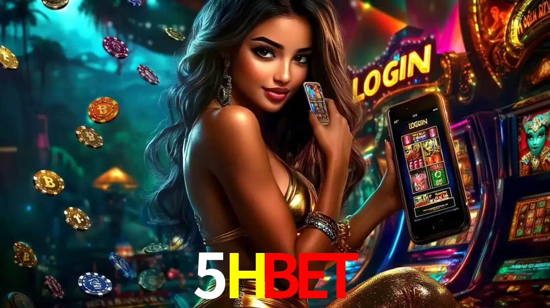 Mulher em um cenário de cassino temático de aventura, mostrando o app de caça-níqueis da 5HBET no celular. Fichas de apostas flutuam ao redor.