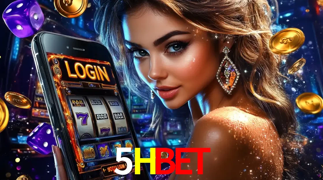 Mulher glamorosa segurando um smartphone com a tela de login para os jogos de caça-níqueis do cassino online 5HBET, com moedas de ouro e dados ao redor.