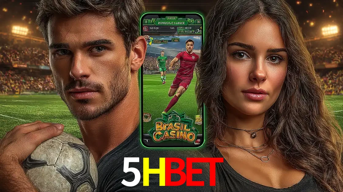 Homem segurando uma bola de futebol e uma mulher ao lado de um smartphone exibindo o jogo de apostas esportivas da 5HBET. Faça seu palpite no cassino online.
